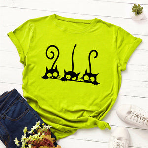 Kawaii Summer TShirt Cute Cat Print T Shirt 100%Cotton Female T-Shirt O Neck Short Sleeve Tees Women Clothes Pink Tops