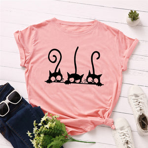 Kawaii Summer TShirt Cute Cat Print T Shirt 100%Cotton Female T-Shirt O Neck Short Sleeve Tees Women Clothes Pink Tops
