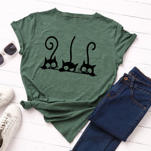 Kawaii Summer TShirt Cute Cat Print T Shirt 100%Cotton Female T-Shirt O Neck Short Sleeve Tees Women Clothes Pink Tops