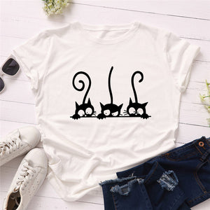 Kawaii Summer TShirt Cute Cat Print T Shirt 100%Cotton Female T-Shirt O Neck Short Sleeve Tees Women Clothes Pink Tops