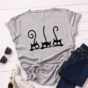 Kawaii Summer TShirt Cute Cat Print T Shirt 100%Cotton Female T-Shirt O Neck Short Sleeve Tees Women Clothes Pink Tops