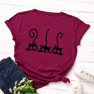 Kawaii Summer TShirt Cute Cat Print T Shirt 100%Cotton Female T-Shirt O Neck Short Sleeve Tees Women Clothes Pink Tops