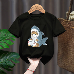 Cat Shark Funny Cute Print Casual Print Funny Boy Girl T-shirts Kid Children Manga Gift Present Black Harajuku Clothe