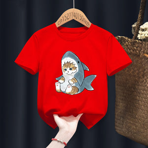 Cat Shark Funny Cute Print Casual Print Funny Boy Girl T-shirts Kid Children Manga Gift Present Black Harajuku Clothe