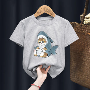 Cat Shark Funny Cute Print Casual Print Funny Boy Girl T-shirts Kid Children Manga Gift Present Black Harajuku Clothe