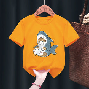 Cat Shark Funny Cute Print Casual Print Funny Boy Girl T-shirts Kid Children Manga Gift Present Black Harajuku Clothe