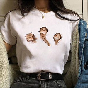 S-3XL 2022 Women 3D Cat Print White Soft Casual Lady T-Shirt Summer Short Sleeve Animal Round Neck Cheap Clothes Top Femme