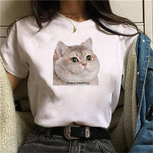 S-3XL 2022 Women 3D Cat Print White Soft Casual Lady T-Shirt Summer Short Sleeve Animal Round Neck Cheap Clothes Top Femme