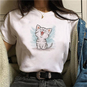 S-3XL 2022 Women 3D Cat Print White Soft Casual Lady T-Shirt Summer Short Sleeve Animal Round Neck Cheap Clothes Top Femme