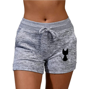 Woman Slim Shorts Cat Print Pattern Low Waist Drawstring Beach Wear  Elastic Seamless Fitness Leggings Push Up Training Shorts