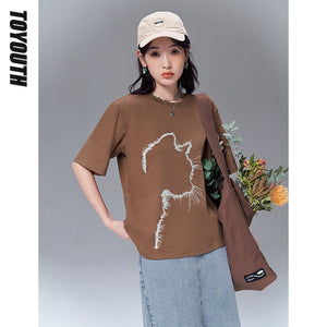 Toyouth Women T-shirts 2022 Summer Short Sleeve O Neck Loose Tees Original Design Cat Print 100% Cotton Casual Basic Tops