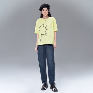 Toyouth Women T-shirts 2022 Summer Short Sleeve O Neck Loose Tees Original Design Cat Print 100% Cotton Casual Basic Tops