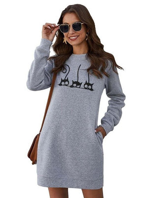 New Cat Embroidery Sweatshirt Dresses Women Autumn Winter O Neck Long Sleeve Loose Pocket Plus Size Ladies Mini Dress Vestidos