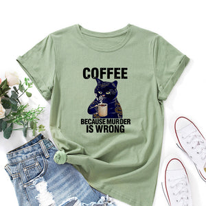 Black Cat Coffee Because Murder Is Wrong Pet Shirt Women Short Sleeve Cotton T-shirts Summer Graphic Tee Tops Female Clothes