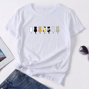Cotton Summer Women T Shirt S-5XL Versatile Cute Cats Print Short Sleeve Ladies Basic Tees Top Casual O-Neck Female Woman TShirt