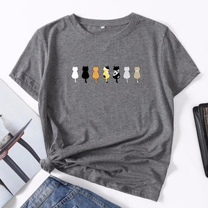 Cotton Summer Women T Shirt S-5XL Versatile Cute Cats Print Short Sleeve Ladies Basic Tees Top Casual O-Neck Female Woman TShirt