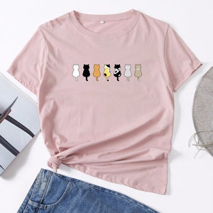 Cotton Summer Women T Shirt S-5XL Versatile Cute Cats Print Short Sleeve Ladies Basic Tees Top Casual O-Neck Female Woman TShirt