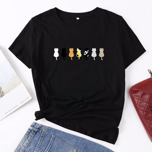 Cotton Summer Women T Shirt S-5XL Versatile Cute Cats Print Short Sleeve Ladies Basic Tees Top Casual O-Neck Female Woman TShirt