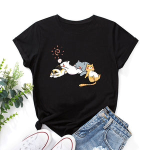 Sleeping Cats Shirt for Women Cute Cat Pet Animals T-Shirts Animal Graphic Tee Female Summer 100% Cotton Short Sleeve Tees Tops