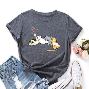 Sleeping Cats Shirt for Women Cute Cat Pet Animals T-Shirts Animal Graphic Tee Female Summer 100% Cotton Short Sleeve Tees Tops