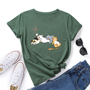 Sleeping Cats Shirt for Women Cute Cat Pet Animals T-Shirts Animal Graphic Tee Female Summer 100% Cotton Short Sleeve Tees Tops