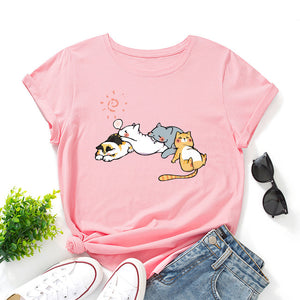 Sleeping Cats Shirt for Women Cute Cat Pet Animals T-Shirts Animal Graphic Tee Female Summer 100% Cotton Short Sleeve Tees Tops
