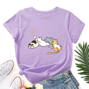 Sleeping Cats Shirt for Women Cute Cat Pet Animals T-Shirts Animal Graphic Tee Female Summer 100% Cotton Short Sleeve Tees Tops