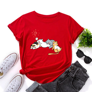 Sleeping Cats Shirt for Women Cute Cat Pet Animals T-Shirts Animal Graphic Tee Female Summer 100% Cotton Short Sleeve Tees Tops