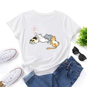 Sleeping Cats Shirt for Women Cute Cat Pet Animals T-Shirts Animal Graphic Tee Female Summer 100% Cotton Short Sleeve Tees Tops