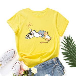 Sleeping Cats Shirt for Women Cute Cat Pet Animals T-Shirts Animal Graphic Tee Female Summer 100% Cotton Short Sleeve Tees Tops