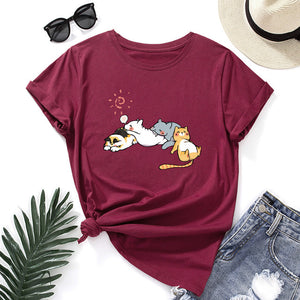 Sleeping Cats Shirt for Women Cute Cat Pet Animals T-Shirts Animal Graphic Tee Female Summer 100% Cotton Short Sleeve Tees Tops