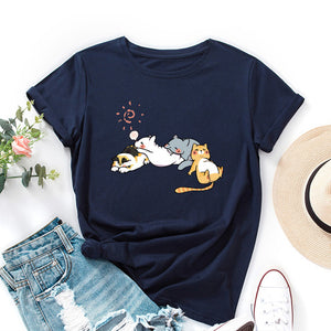 Sleeping Cats Shirt for Women Cute Cat Pet Animals T-Shirts Animal Graphic Tee Female Summer 100% Cotton Short Sleeve Tees Tops