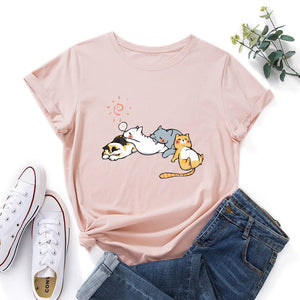 Sleeping Cats Shirt for Women Cute Cat Pet Animals T-Shirts Animal Graphic Tee Female Summer 100% Cotton Short Sleeve Tees Tops