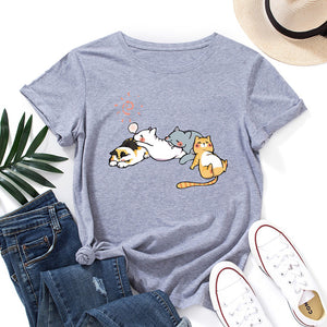 Sleeping Cats Shirt for Women Cute Cat Pet Animals T-Shirts Animal Graphic Tee Female Summer 100% Cotton Short Sleeve Tees Tops