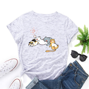 Sleeping Cats Shirt for Women Cute Cat Pet Animals T-Shirts Animal Graphic Tee Female Summer 100% Cotton Short Sleeve Tees Tops