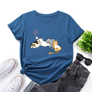 Sleeping Cats Shirt for Women Cute Cat Pet Animals T-Shirts Animal Graphic Tee Female Summer 100% Cotton Short Sleeve Tees Tops