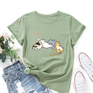 Sleeping Cats Shirt for Women Cute Cat Pet Animals T-Shirts Animal Graphic Tee Female Summer 100% Cotton Short Sleeve Tees Tops