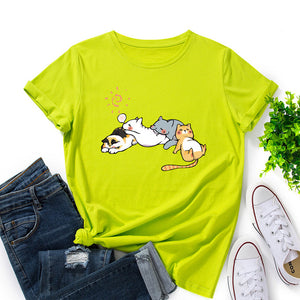 Sleeping Cats Shirt for Women Cute Cat Pet Animals T-Shirts Animal Graphic Tee Female Summer 100% Cotton Short Sleeve Tees Tops