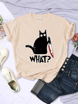 Cartoon Black Cat What Print Tshirt Women Casual Sweat Loose Tee Clothes Oversize Summer Crewneck Tops Simplicity Womens T-Shirt