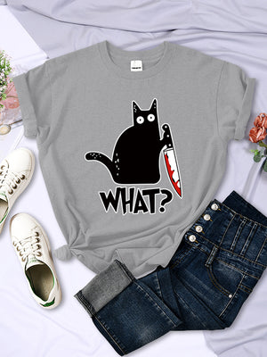 Cartoon Black Cat What Print Tshirt Women Casual Sweat Loose Tee Clothes Oversize Summer Crewneck Tops Simplicity Womens T-Shirt