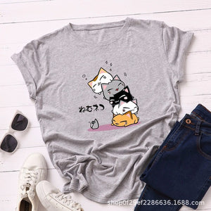 Summer T-Shirt Women Versatile S-5XL Cotton Graphic Funny Cats Print Female Short Sleeve Simple Tshirts Casual Fashion Tops Tees