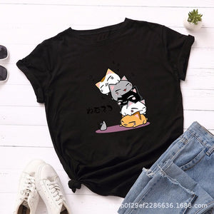Summer T-Shirt Women Versatile S-5XL Cotton Graphic Funny Cats Print Female Short Sleeve Simple Tshirts Casual Fashion Tops Tees