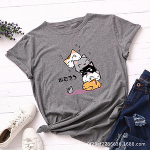 Summer T-Shirt Women Versatile S-5XL Cotton Graphic Funny Cats Print Female Short Sleeve Simple Tshirts Casual Fashion Tops Tees