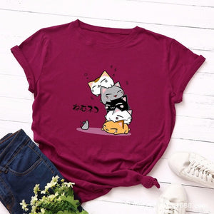 Summer T-Shirt Women Versatile S-5XL Cotton Graphic Funny Cats Print Female Short Sleeve Simple Tshirts Casual Fashion Tops Tees