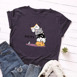 Summer T-Shirt Women Versatile S-5XL Cotton Graphic Funny Cats Print Female Short Sleeve Simple Tshirts Casual Fashion Tops Tees