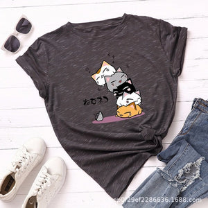 Summer T-Shirt Women Versatile S-5XL Cotton Graphic Funny Cats Print Female Short Sleeve Simple Tshirts Casual Fashion Tops Tees