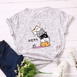 Summer T-Shirt Women Versatile S-5XL Cotton Graphic Funny Cats Print Female Short Sleeve Simple Tshirts Casual Fashion Tops Tees