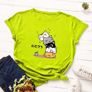 Summer T-Shirt Women Versatile S-5XL Cotton Graphic Funny Cats Print Female Short Sleeve Simple Tshirts Casual Fashion Tops Tees