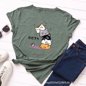 Summer T-Shirt Women Versatile S-5XL Cotton Graphic Funny Cats Print Female Short Sleeve Simple Tshirts Casual Fashion Tops Tees