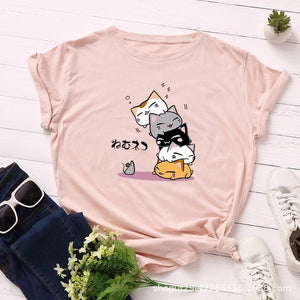 Summer T-Shirt Women Versatile S-5XL Cotton Graphic Funny Cats Print Female Short Sleeve Simple Tshirts Casual Fashion Tops Tees